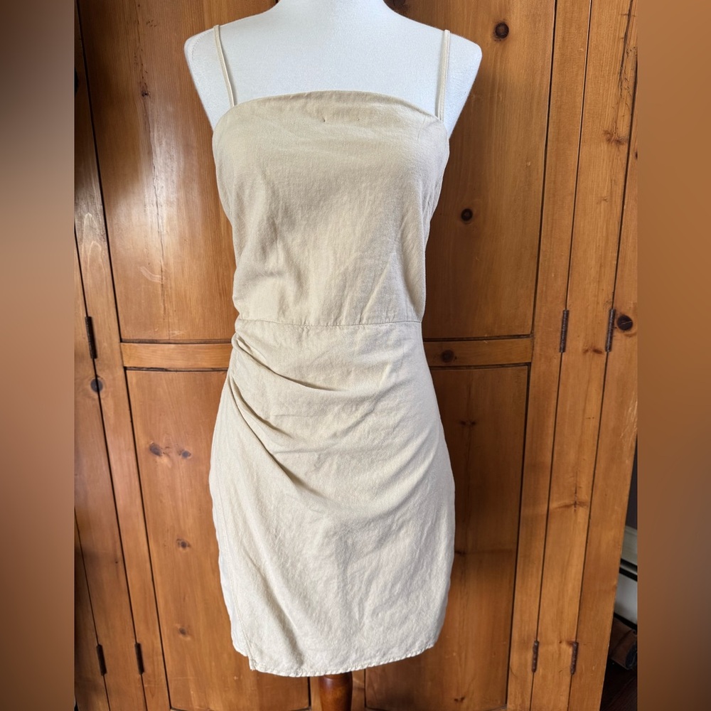 Zara Spaghetti Strap Beige Linen Dress with drape skirt, size S, NWT.